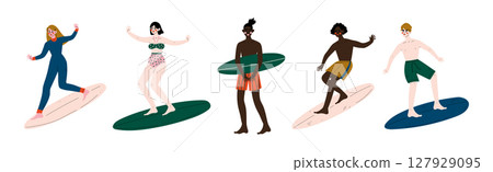 Man and Woman Surfer in Swimwear on Surfboard Vector Set Man and Woman Surfer in Swimwear on Surfboard Vector Set 127929095