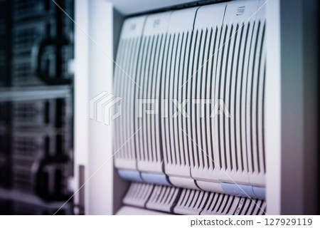 cluster of data storage SSD hard drives inside server rack 127929119