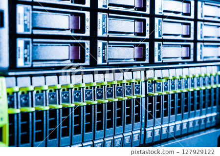 Array of data storage hard drives in internet data center 127929122