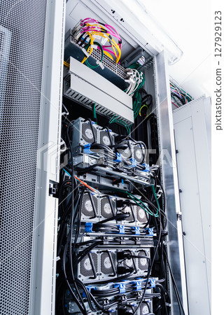 Racks filled with computer hardware inside internet datacenter 127929123