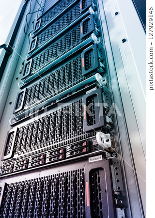 Array of data storage hard drives in internet data center 127929146