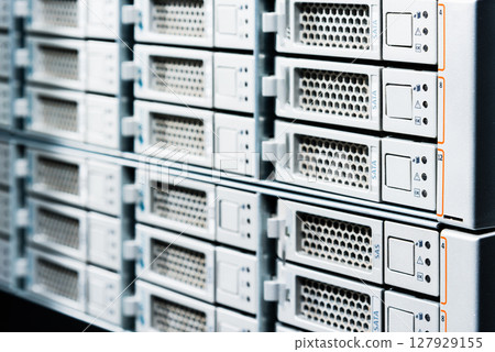 Array of data storage hard drives in internet data center 127929155