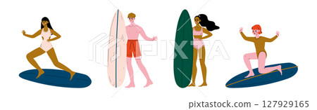 Man and Woman Surfer in Swimwear on Surfboard Vector Set 127929165