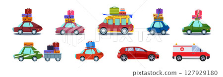 Car and Auto Driving with Travel Bag and Trunk as Holiday Trip Vector Set 127929180