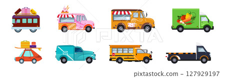 Different Urban Vehicles and City Transport on Road Side View Vector Set 127929197