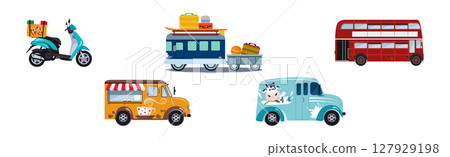 Different Urban Vehicles and City Transport on Road Side View Vector Set 127929198
