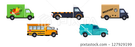 Different Urban Vehicles and City Transport on Road Side View Vector Set 127929199