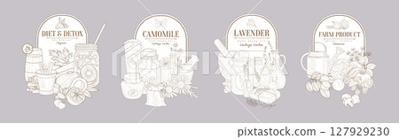 Vintage Organic Herbal Medicine and Natural Product Sticker Vector Set 127929230