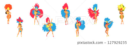 Brazilian Woman Samba Dancer in Bright Parade Feather Dress Vector Set Brazilian Woman Samba Dancer in Bright Parade Feather Dress Vector Set 127929235