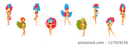 Brazilian Woman Samba Dancer in Bright Parade Feather Dress Vector Set 127929236