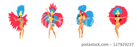 Brazilian Woman Samba Dancer in Bright Parade Feather Dress Vector Set 127929237