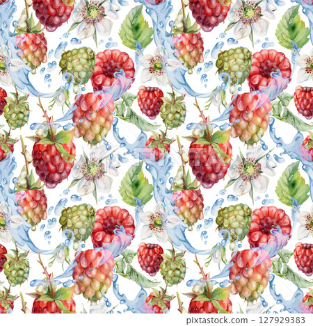 Raspberry leaves, dew drops flying in water splash hand drawn in watercolor. Ripe summer garden forest berry loganberry. Isolated seamless pattern tile. Home preserves, stationery, menu, recipe book 127929383