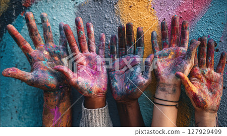 Colorful hands diverse skin paint creativity wall joyful artistic teamwork unity expression Colorful hands diverse skin paint creativity wall joyful artistic teamwork unity expression 127929499
