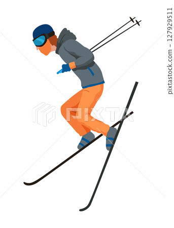 Skier, icon. Sportsman doing sport activity. People riding skis. Cartoon winter sport character, travel activity. Concept of vacation. Vector illustration isolated on white background 127929511