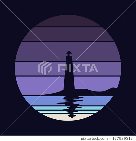 Retro sunset logo in striped style. Circle colored vintage pictures for badges. Tourism or traveling concept, adventure logotype. Cartoon vector illustration 127929512