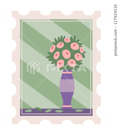 Postage stamp, icon. Hand drawn design, concept of travel. Retro postcard stickers, flat color vector illustration isolated on background 127929516
