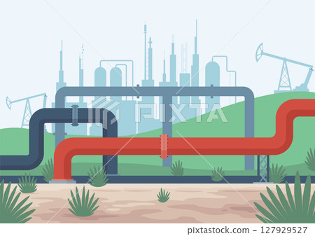 Oil gas. Oil industry, gas production. Petroleum pipelines. Oil industry extraction and refinery production. Petroleum industry design vector cartoon illustration 127929527