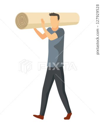 Moving house service. Mover or delivery worker carrying boxes and furniture. Moving house, people packing things. Supplies logistic transportation. Cartoon vector illustration 127929528