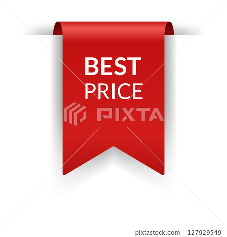 Corner or ribbons icon. Product red banner, price shopping tag. Promotion sale badge, special offer sticker. Discount and price offer concept. Vector sticker template 127929549