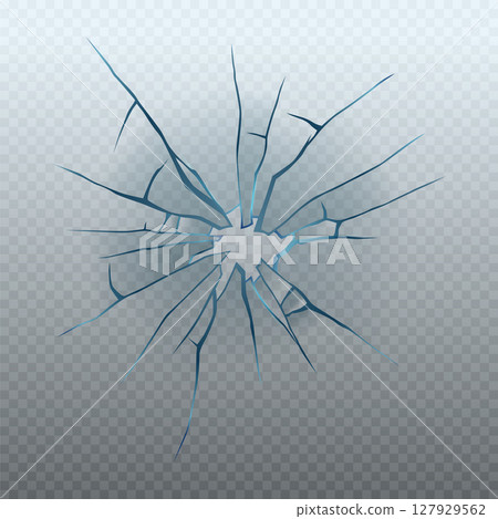 Realistic glass crack isolated on transparent background. Vector illustration of broken window, monitor display, gadget screen, car windshield, gunshot effect. Accident design element 127929562