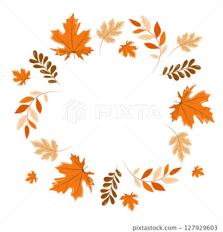 Colorful wreath of autumn leaves of maple, rowan, oak. Isolated on white background. Vector hand-drawn illustration. Warm shades of fall. 127929603