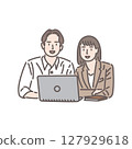 Illustration of male and female business partners working together on a laptop 127929618