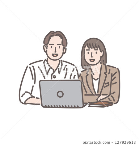 Illustration of male and female business partners working together on a laptop Illustration of male and female business partners working together on a laptop 127929618