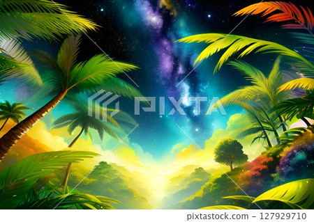 遊戲背景：棕櫚樹叢林與美麗的星空 127929710