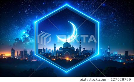 An Eid Mubarak greeting card depicts an urban mosque silhouette under a moonlit night sky, featuring intricate architectural design elements An Eid Mubarak greeting card depicts an urban mosque silhouette under a moonlit night sky, featuring intricate architectural design elements 127929799