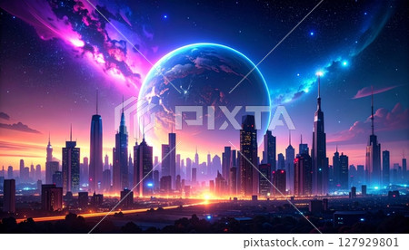 Moonlit city skyline at night with urban architecture and towering buildings silhouetted against the sky 127929801