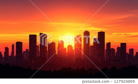 A urban skyline at sunset, featuring silhouetted buildings against a colorful sky 127929809
