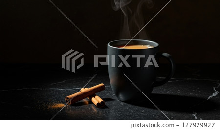 Steaming coffee mug with aromatic cinnamon sticks and powder on dark marble table 127929927