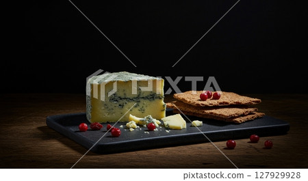 Gourmet blue cheese with red cranberries and crispy crackers on a dark wooden board 127929928