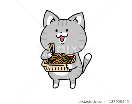 Cat eating yakisoba Cat eating yakisoba 127930243