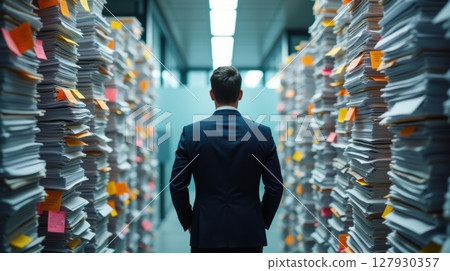 Overwhelmed by Paperwork in Office Hallway Overwhelmed by Paperwork in Office Hallway 127930357