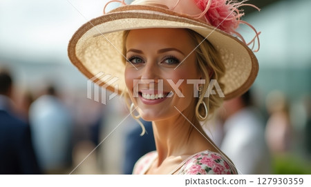 An elegant blond woman wears a decorative hat at a horse racing event. 127930359