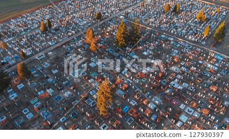 Cemetery view from drone. Early spring. Cemetery view from drone. Early spring. 127930397