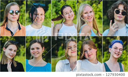 Ten young students in a collage photo, posing and smiling against a blurred backdrop of green foliage 127930400