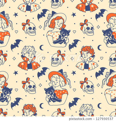 Cute retro Halloween seamless pattern with playful witches, cats, and spooky details, perfect for fabrics and wrapping paper 127930537