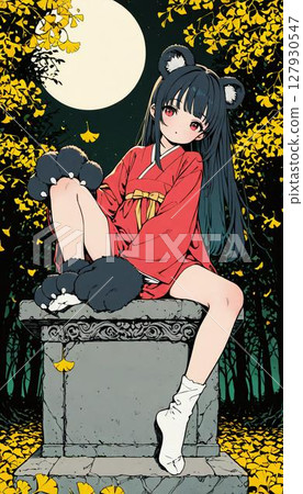 Pensive Anime Bear Girl Sitting on Stone Monument in Autumn 127930547