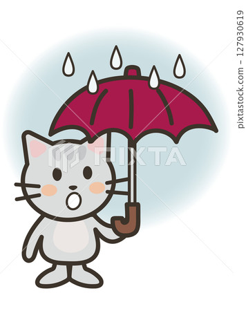 Illustration of a cute cat holding an umbrella and looking up at the rainy sky 127930619