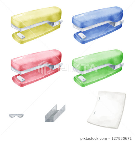 一組彩色訂書機、訂書釘和水彩風格的紙張插圖 127930671