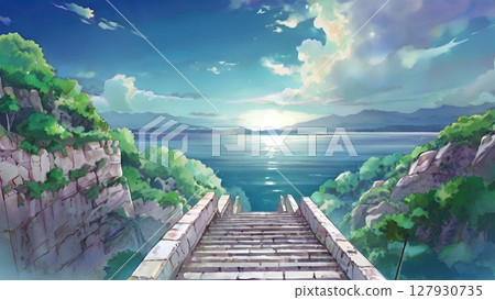 Game background: Autumn back alley scenery with blue skies and long stone-paved stairs 127930735