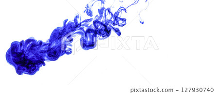 Blue ink injected into water from syringe, colour mixing with water creating abstract shapes, white background banner with space for text right side Blue ink injected into water from syringe, colour mixing with water creating abstract shapes, white background banner with space for text right side 127930740