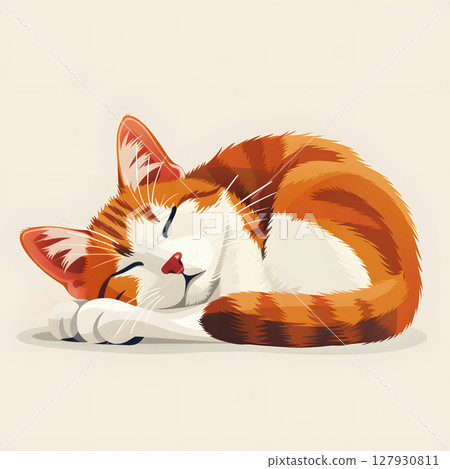 Sleeping cat illustration with orange and white fur, peaceful and cozy 127930811