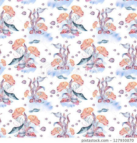 Colorful tropical ocean life seamless pattern with fish clown, bright sea flora on blue watercolor splashes isolated. Hand painted marine summer repeat texture for design print, textile, beach fabric. 127930870