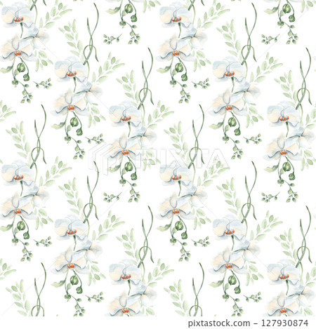 Floral watercolor seamless pattern pastel tones with orchids, buds, and light leafy twigs isolated. Subtle botanical repeated print hand drawn for wrapping paper, wallpapers, and soft textile designs. 127930874
