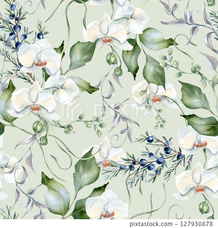 Orchids, holly, and juniper twigs watercolor floral seamless background isolated. Pastel botanical pattern hand drawn with greenery and white flowers for packaging, wrapping paper, and stationery. 127930878