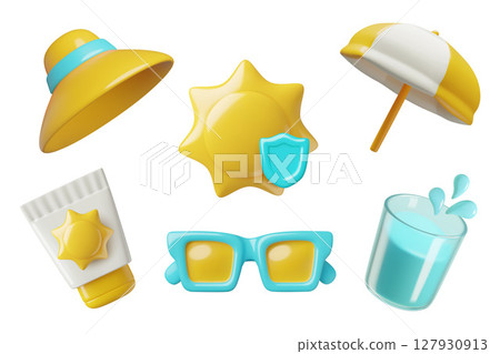 Sun protection and safety 3d vector icons set sunscreen parasol sunhat sunglasses water shield Sun protection and safety 3d vector icons set sunscreen parasol sunhat sunglasses water shield 127930913