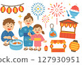 夏日祭典插畫：浴衣、小吃攤、煙火、撈金魚套裝 127930951